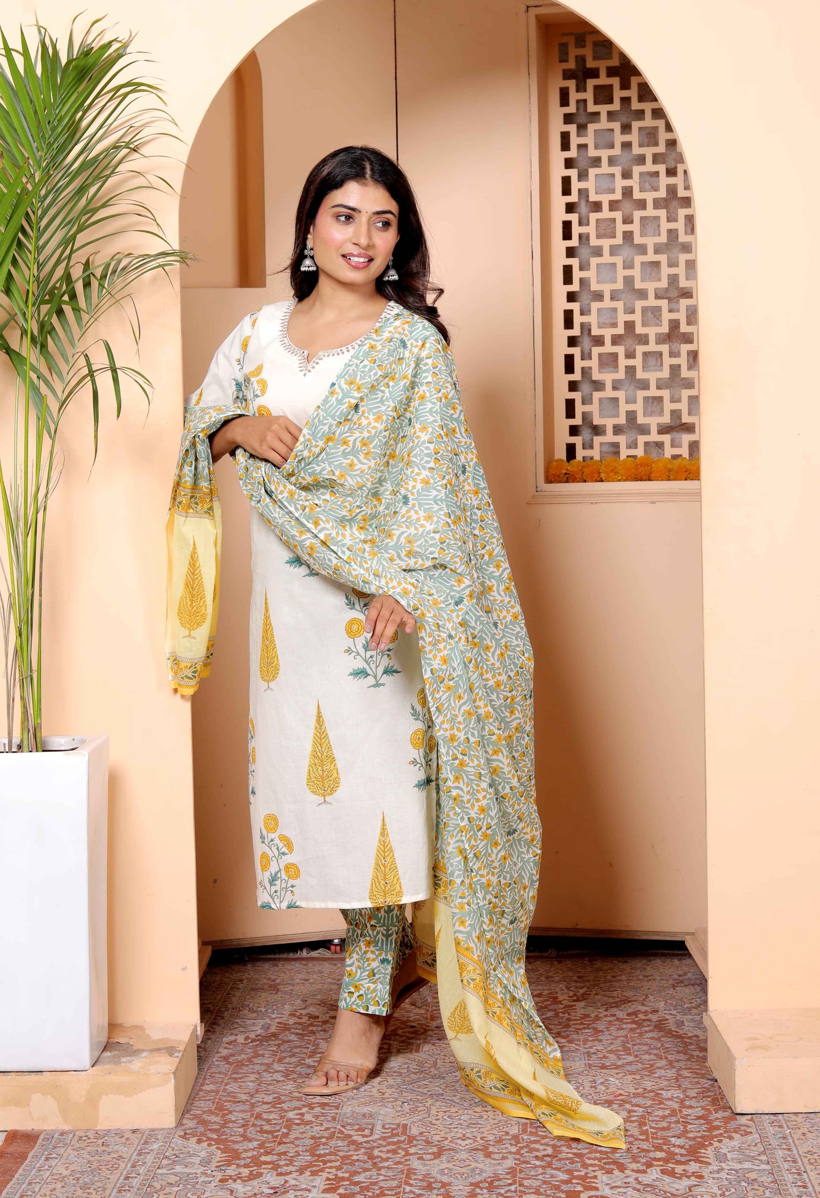 White & Mustard  Hand Block Printed Cotton Suit Set Ethnic Ensemble
